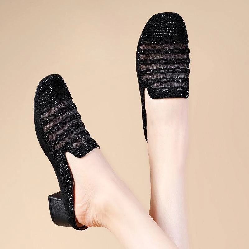 

Baotou half slippers female external wear summer mesh breathable medium thick heel rhinestone hollow sandals