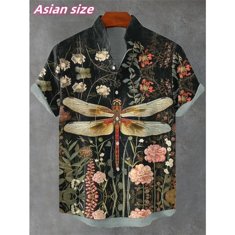 

Cat Dragonfly Deer Graphic Hawaiian Shirt For Men Peacock Flower 3D Printed Short Sleeve Summer Loose Aloha Shirts Lapel Blouse