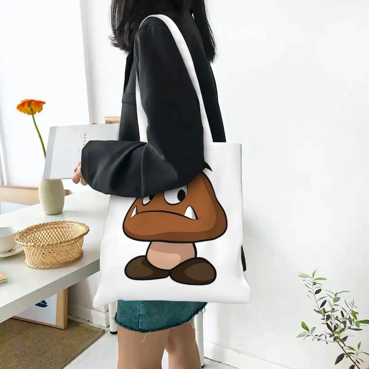 Cartoon Game Goomba Face  Shopping Bags Canvas The Tote Bag Reusable for Ladies Shoulder Tote Travel Handbag