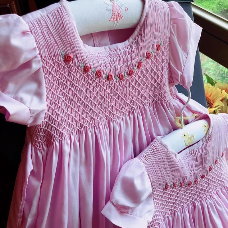 Ins Heavy Industry Handmade Embroidery Flower Girls Pure Cotton Pink Purple Girls' Baby Party Wedding Princess Dress