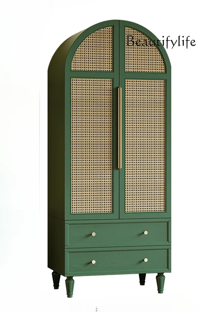 

Dark green rattan wardrobe bedroom arched hanging wardrobe double door high cabinet American retro homestay furniture