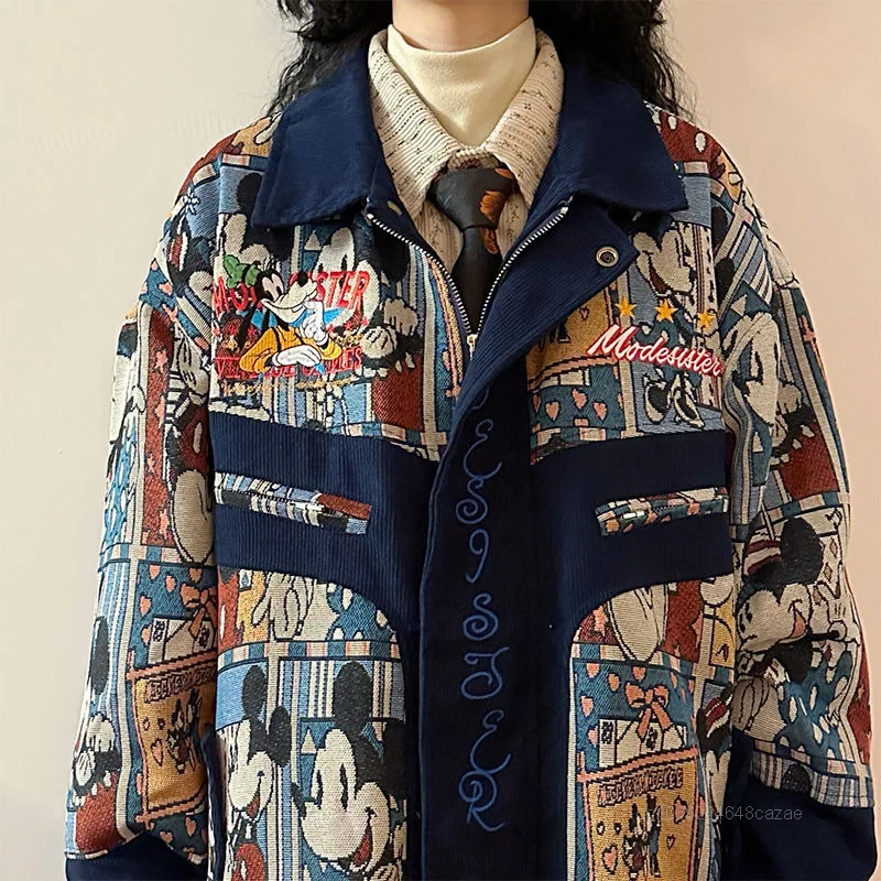 Disney Mickey American Style Full Print Cotton Jacket Winter Trendy Thick Cotton Coat Cute Embroidery Loose Casual Women's Coat