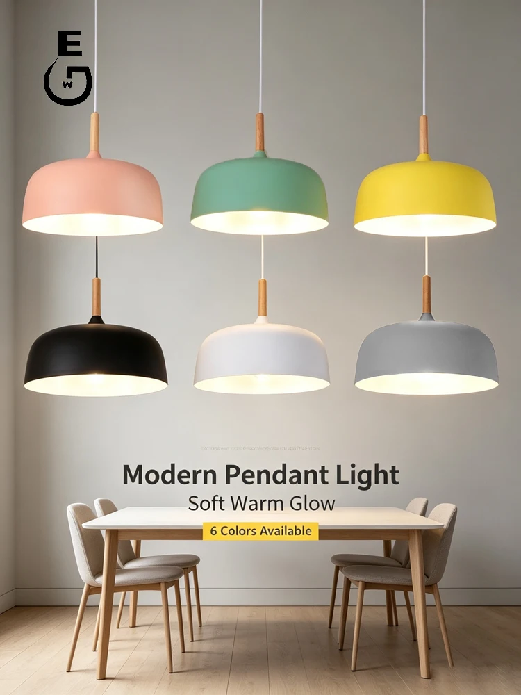 GEW Modern Macaron Pendant Light, Wood Handle Aluminum Shade Hanging Lamp, E27 Lighting Fixture for Kitchen Island Dining Room
