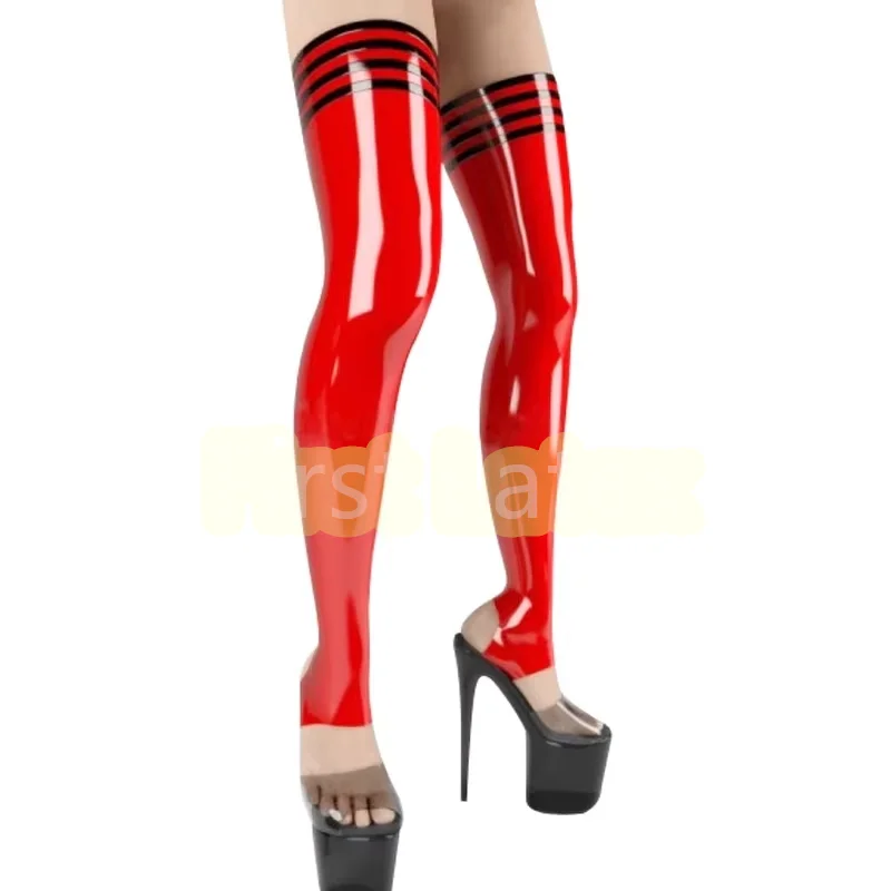 

Thighs High Handmade Sexy Long Latex Unisex Socks Stockings with 4 Black Trims Red Rubber Fetish Stirrup Socks for Women Wear