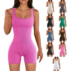 Women's Black Compression Yoga Jumpsuit Square Neck  Fit Ribbed Bodysuit Drop Shipping