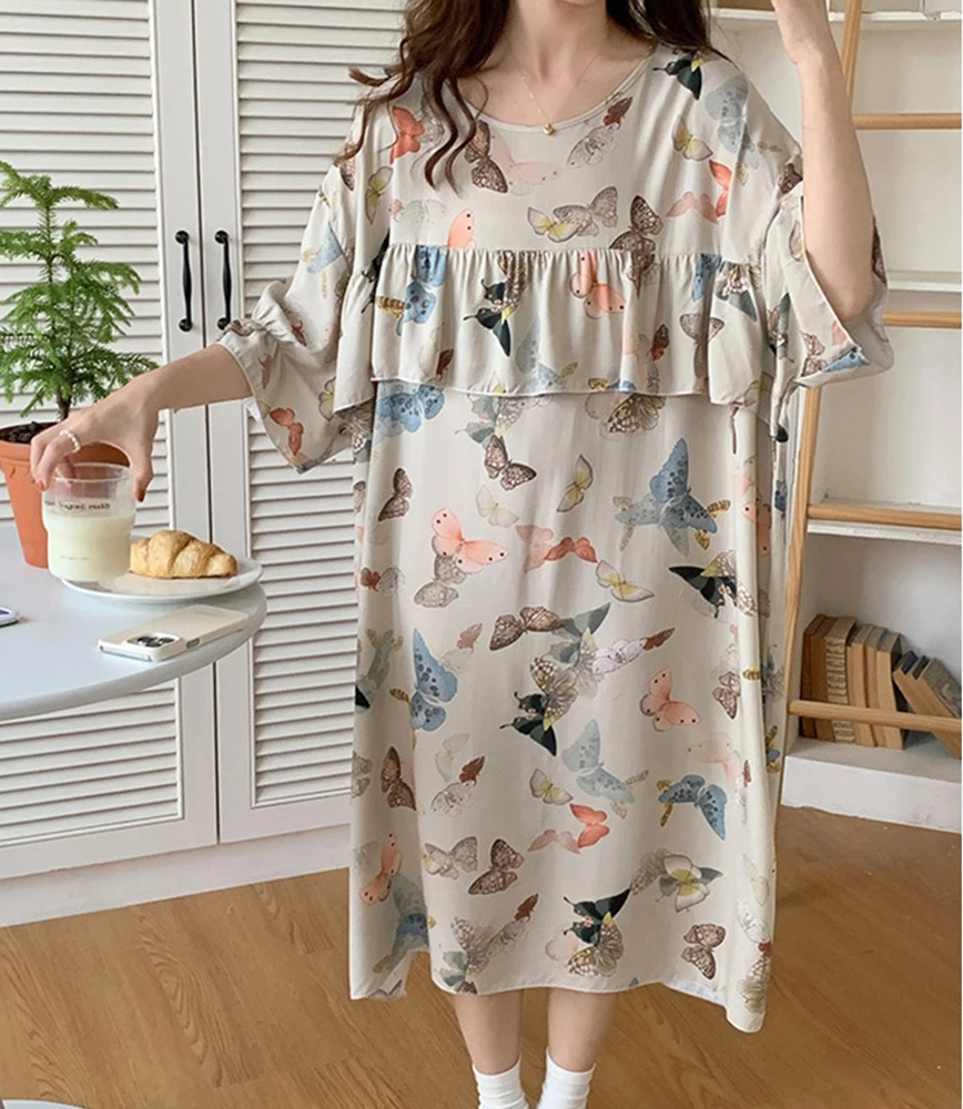 Womens Short Sleeve Sleepshirt Scoop Neck Cute Floral Nightgowns Soft Comfy Lightweight Thin Cotton Sleepdress Ladies Nightdress