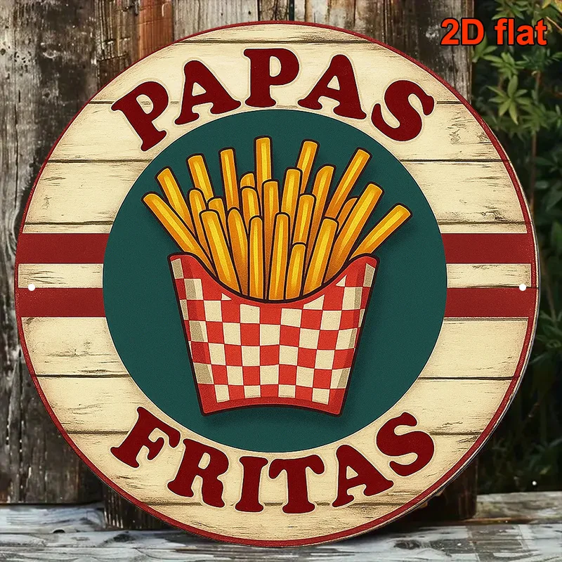 Plaque décorative vintage en aluminium espagnol, ronde, 8x8 pouces, 2D plate, 1 pièce, à thème frites/pommes de terre frites