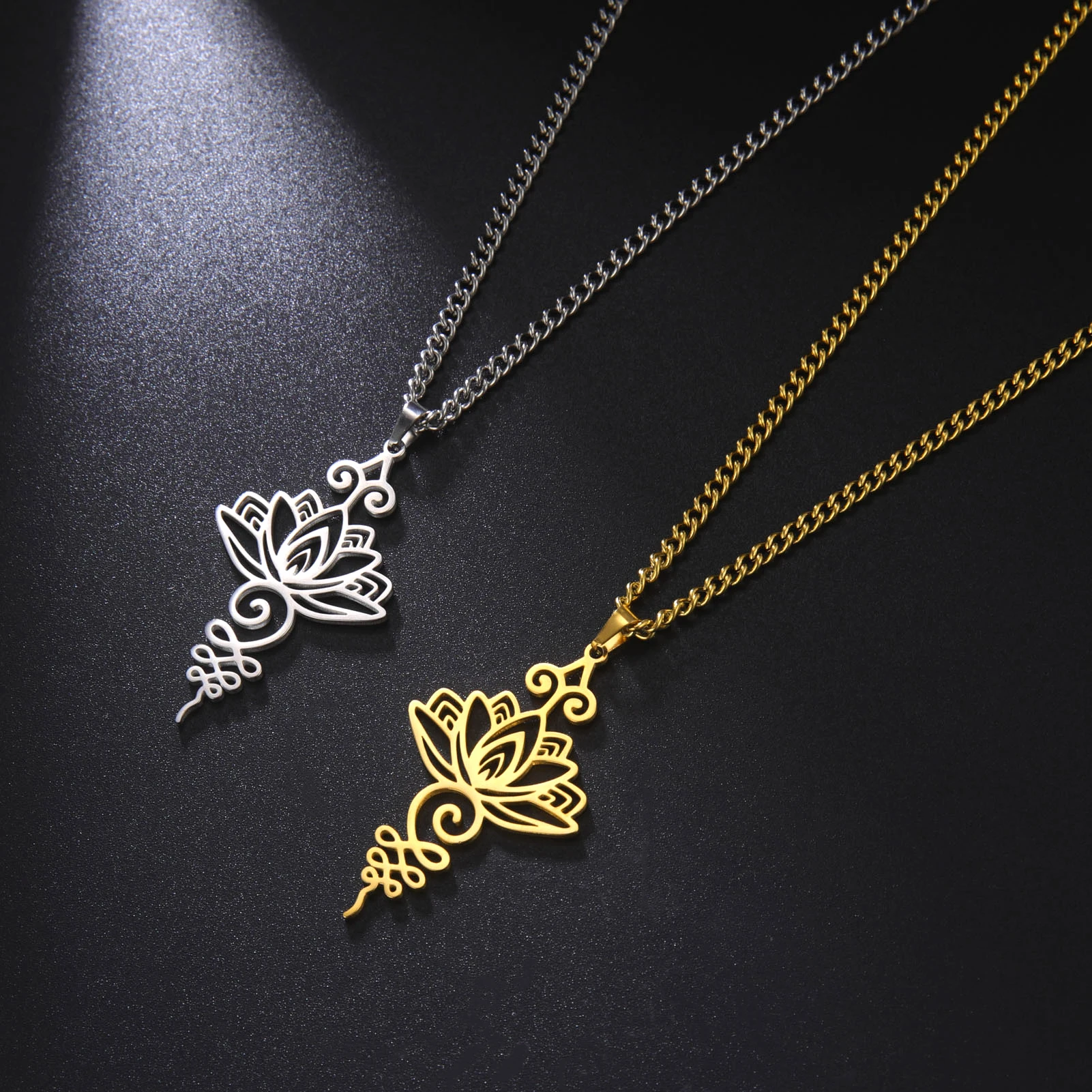 LIKGREAT Lotus Flower Pendant Necklace Unalome Chakra Symbol Amulet Yoga Healing Charms Valentine\'s Day Stainless Steel Jewelry