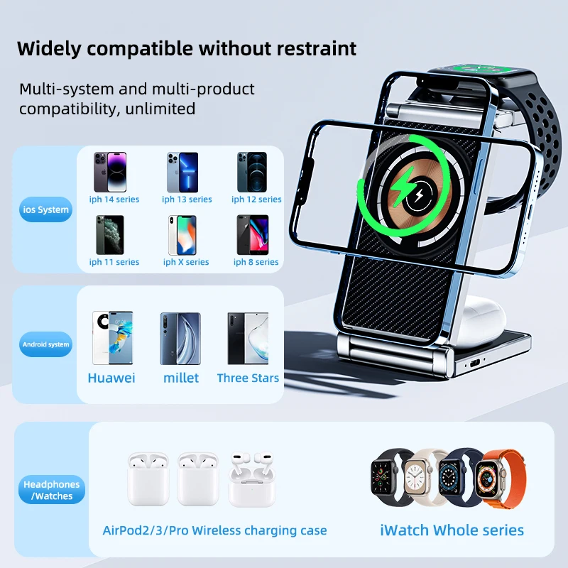 

Wireless Charging Station for Magnetic Charging Stand for iPhone Series 15/14/13/12 iWatch Ultra/8/7/6/5 AirPods 3/2/Pro Samsung