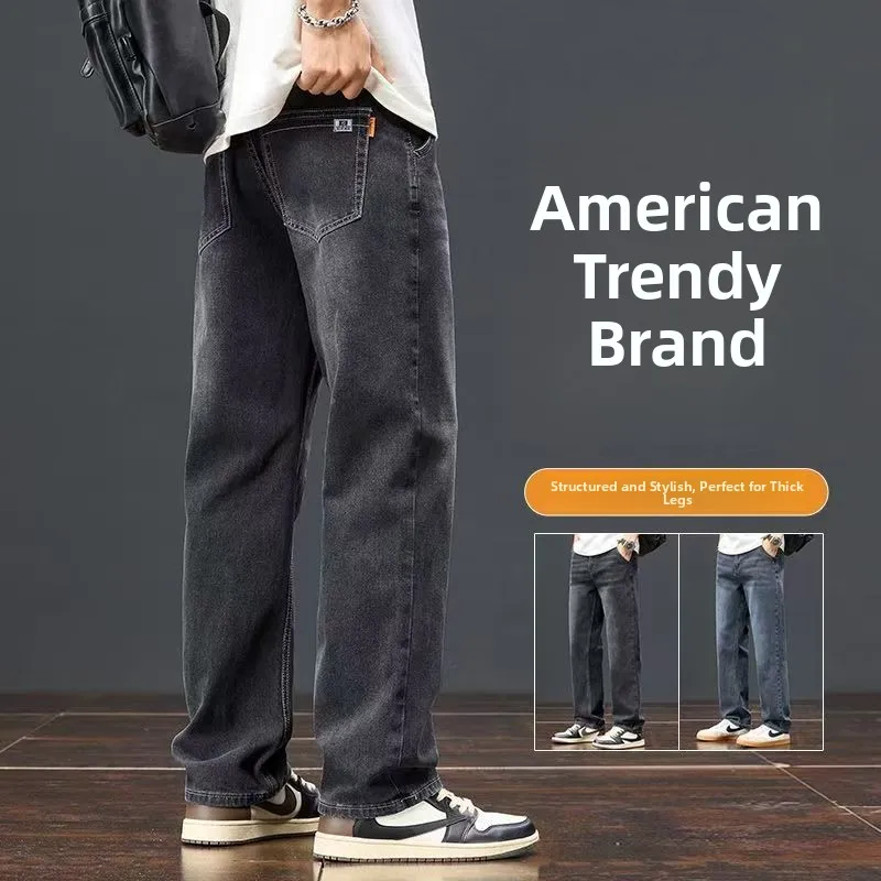 

American Style Wide Leg Jeans Men's Loose Straight High Street Retro Long Pants Cotton Stretch Denim Casual Wear Autumn Winte...
