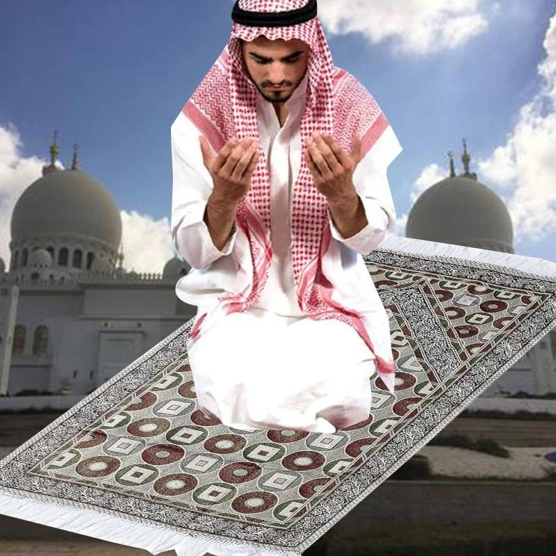 Muslim Cotton Prayer Mat Ethnic Circle Square Patterns Carpet Blanket with Tassel Lightweight Islamic Kneeling Rug