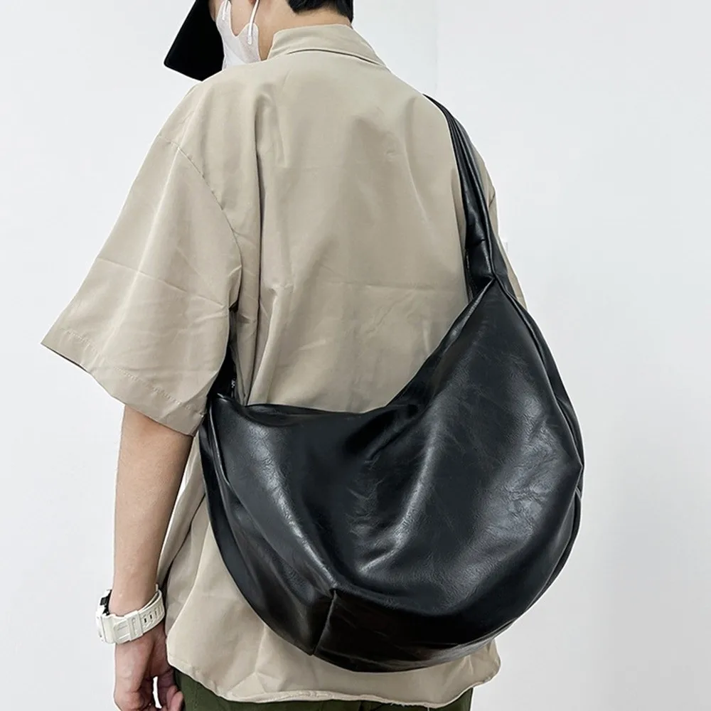 Japanese Style PU Leather Shoulder Bag Large Capacity Multi-Functional Male Dumpling Bag Solid Color Cool Crossbody Bag Outdoor