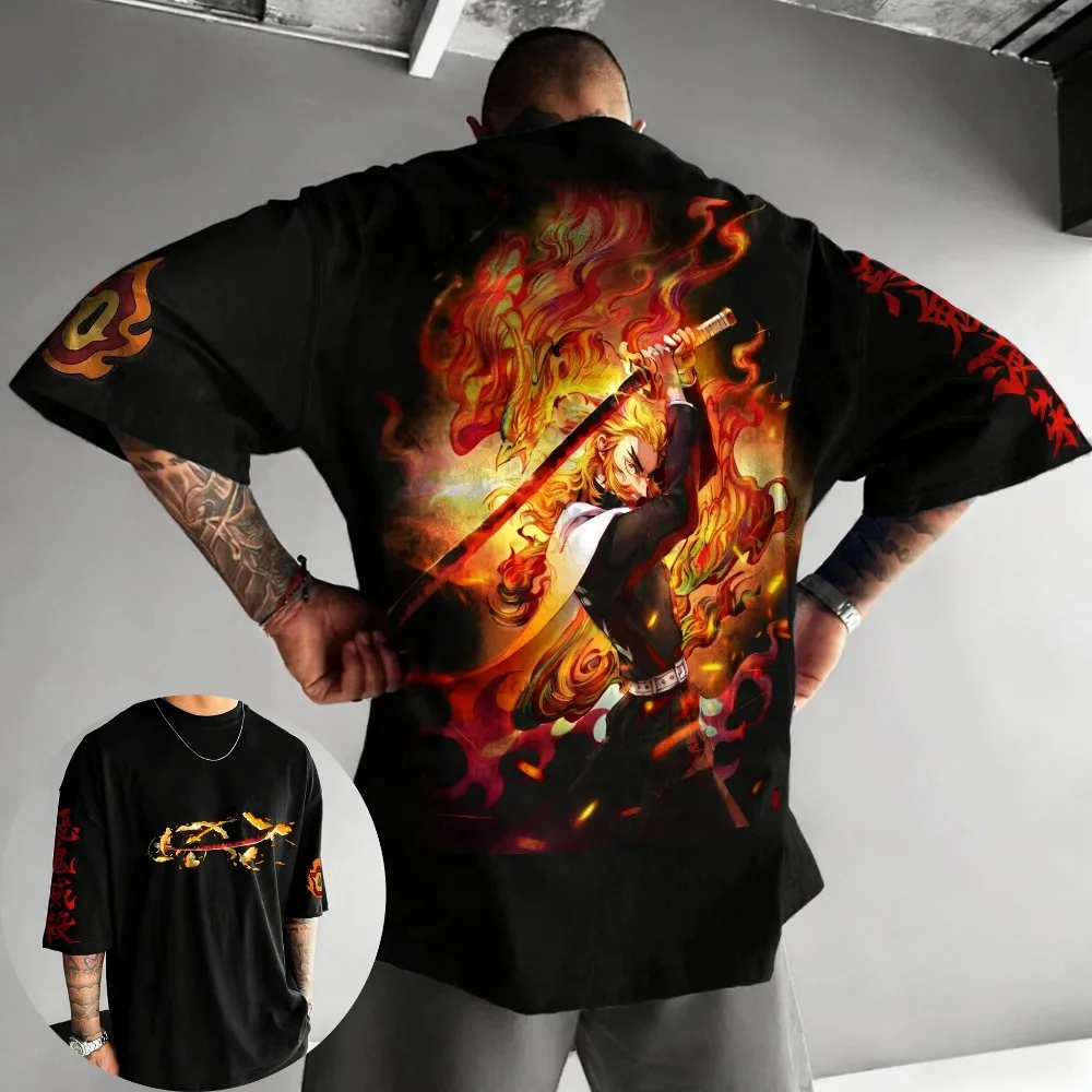 Camiseta Demon Slayer para hombre Rengoku Kyoujurou Japón Anime verano niño primavera y otoño ropa de manga corta para padres e hijos