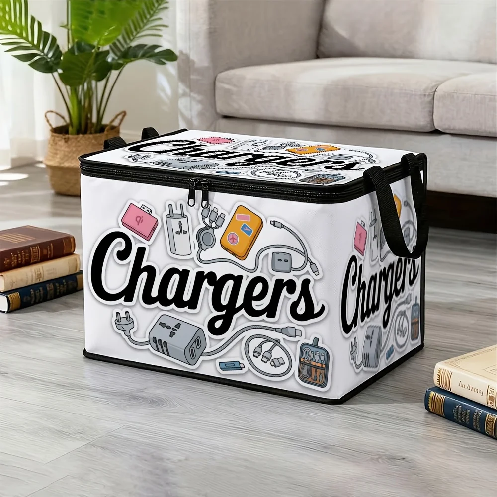 Clothing Lid Storage Box Modern Graphic Text And Chargers Electronic Cables Foldable Zipper Storage Box,Lidded Storage Container