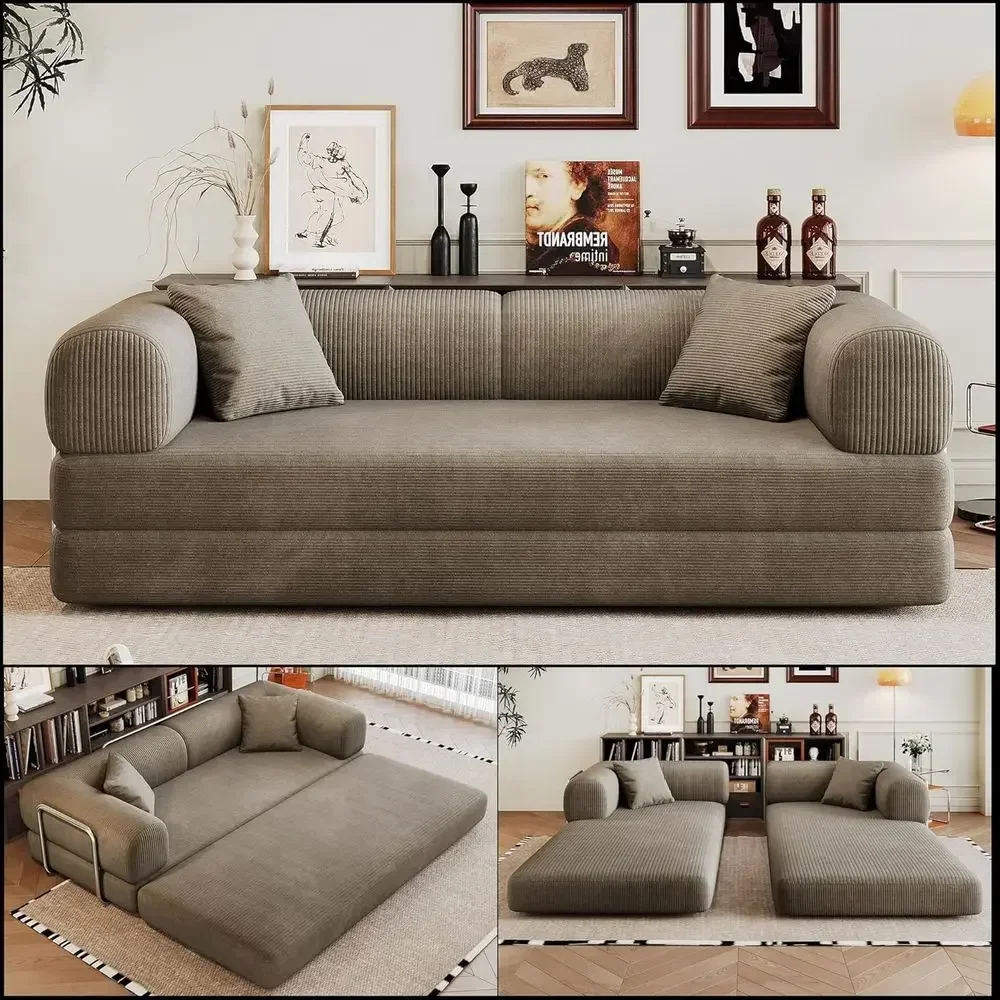 79 Inch Queen Size Sleeper Sofa Bed with Memory Foam, Compact Couch for Small Spaces, Corduroy Fabric, Camel Color
