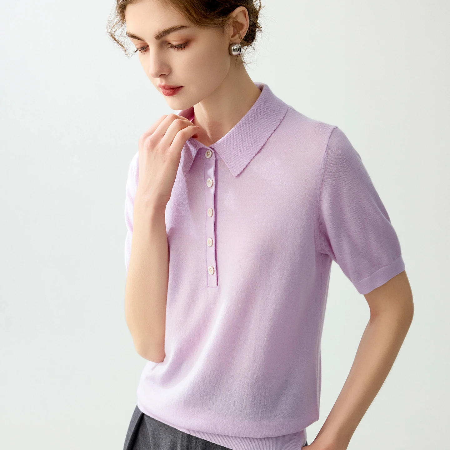 Ladies' 100% fine spun wool sweater short sleeved casual Tees solid color knitted T-shirt POLO collar Tops loose Pull Jumper