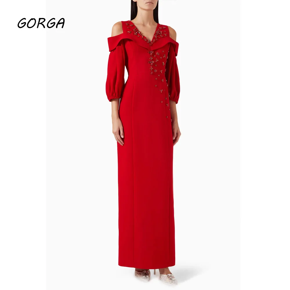 

GORGA Customized Red Beading V-Neck Formal Evening Dress Mermaid Crepe Prom Dress 2025 Off Shoulder Long Sleeves Party Dress