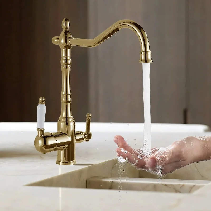 European style all copper Hot and Cold water mixer Kitchen Faucet Rotatable Multi-function Purified water faucet with spray head