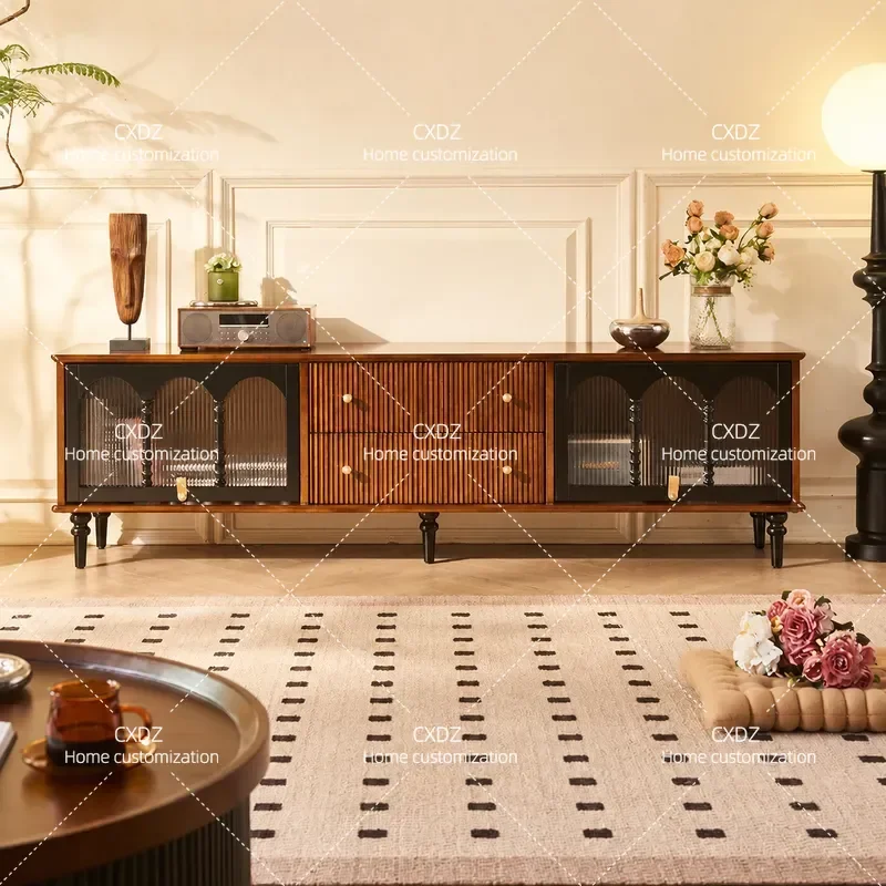 Medieval Solid Wood TV Cabinet with Drawers Living Room Wall Mounted Audio Visual Storage Cabinet Retro Integrated Console