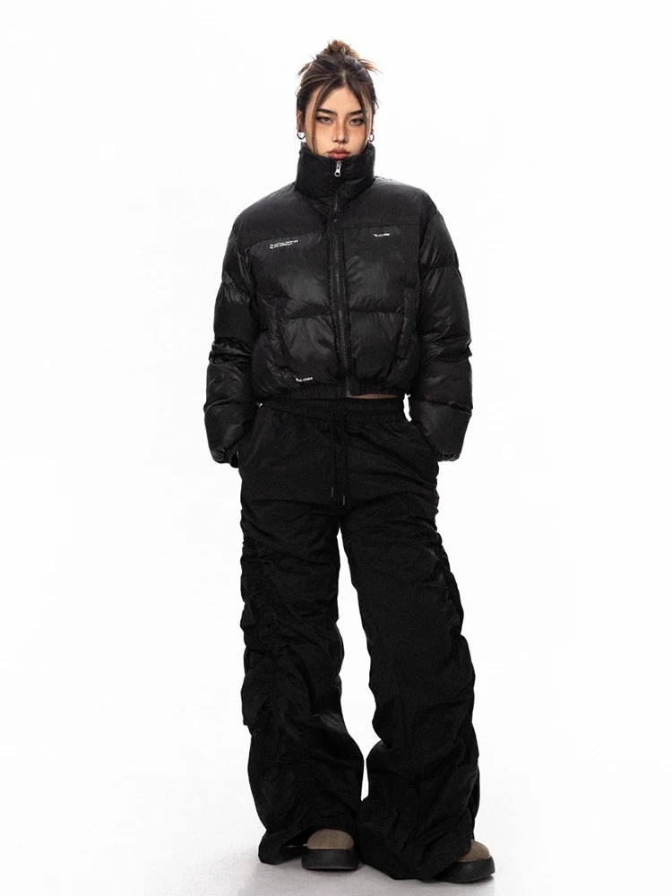 RORORIRI レトロ黒巾着カジュアルワイドパンツ女性弾性ウエスト固体シャーリング速乾性スウェットパンツハイストリート服