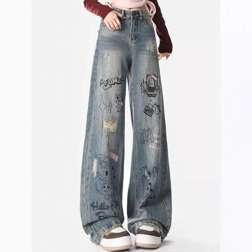 Hallo Kitty Y2K Jeans Sanrios Anime Kawaii Amerikanischen Stil Vintage Frauen Hosen Frühling Herbst Hohe Taille Trend Lose Wischen Hosen