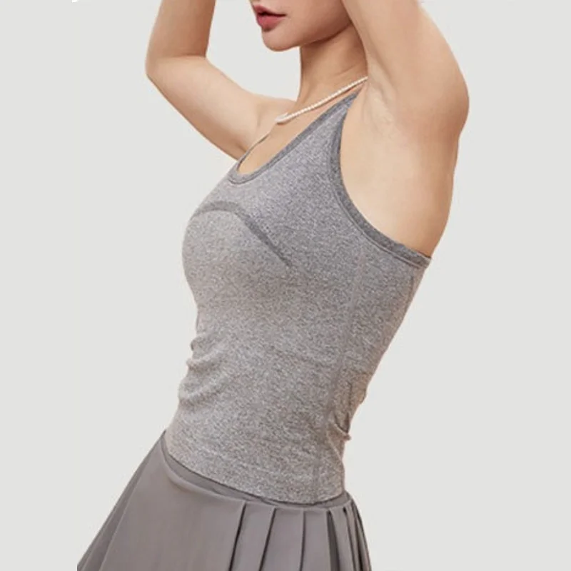 Aiithuug Basic Solid Build-in Bra Sports Tank Scoop Neck Yoga Tank Top Ribbed Slim Fitting Racer Back Fitness Gym Tanks Daily