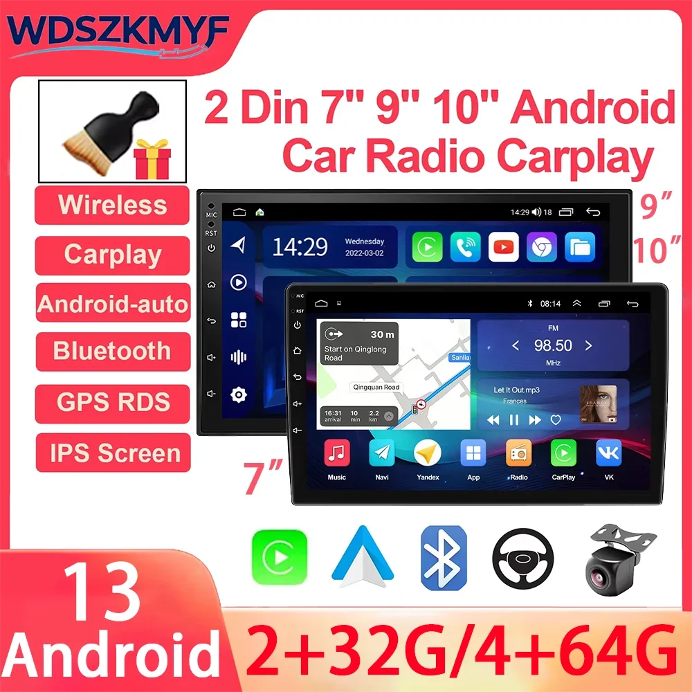 7/9/10 Inch Universal 2 Din Android 13 Car Stereo 64G Multimedia Autoradio Wireless CarPlay Android Auto GPS Smart Audio System