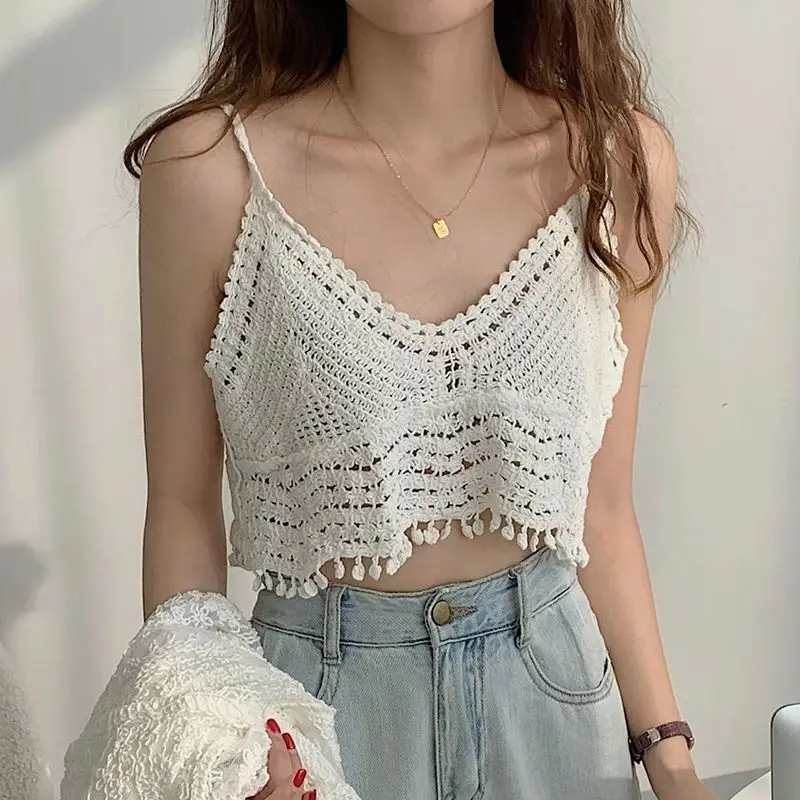 Fashion 2026 Bohemian Tassel Small Strap Beach Vacation Style Short Top Sexy Hot Girl Undercover Camisole