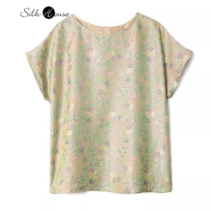 2024 Women's Fashion Summer New Chinese Style Round Neck Short Sleeve 100% Natural Mulberry Silk Song Brocade Style T-shirt