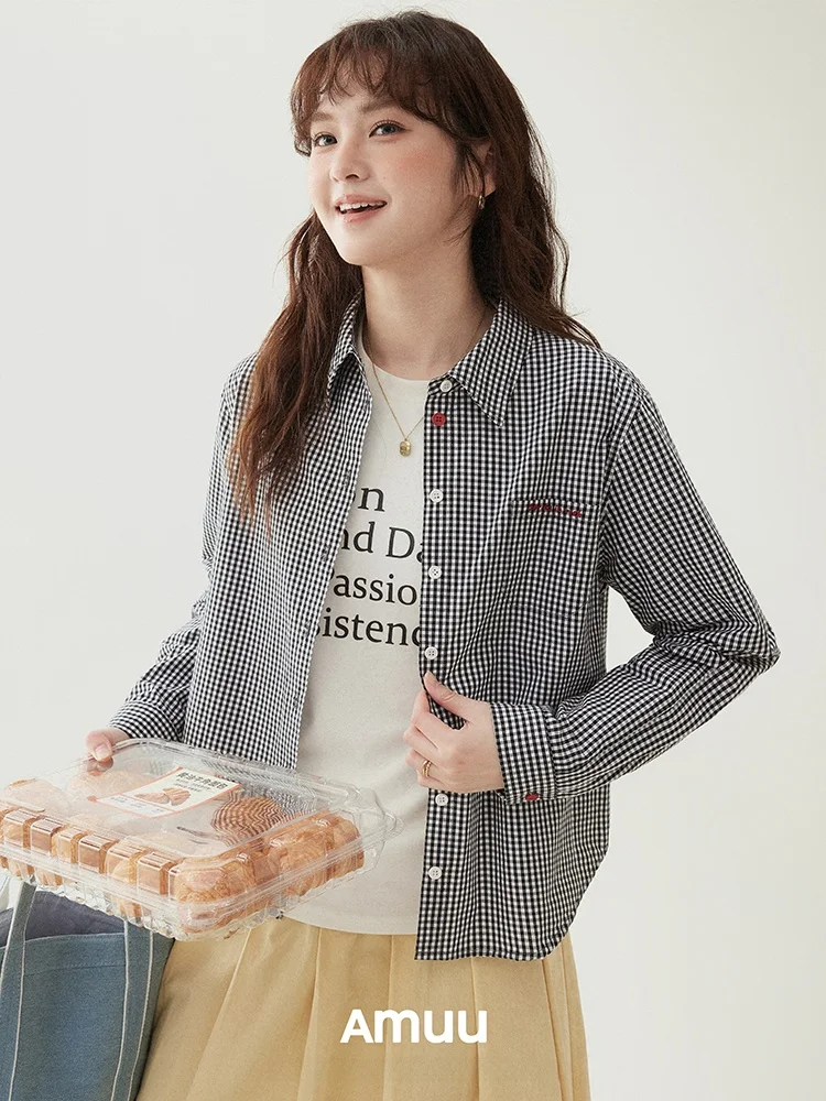 

AMUU Original Color Block Plaid Embroidered Pocket Short Cotton Shirt Korean Style Loose Fit Breathable Comfortable Women's B...