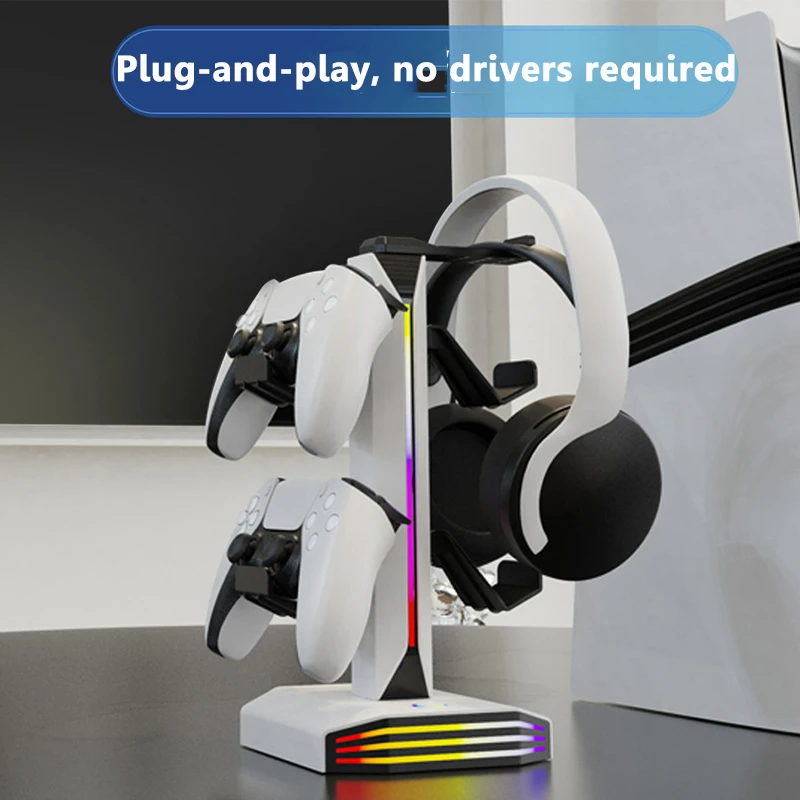 Multi Functional Headphone Gaming Handle Stand RGB Light Music   Headset Hanger Desktop Display Shelf with Type-C 2 USB Port