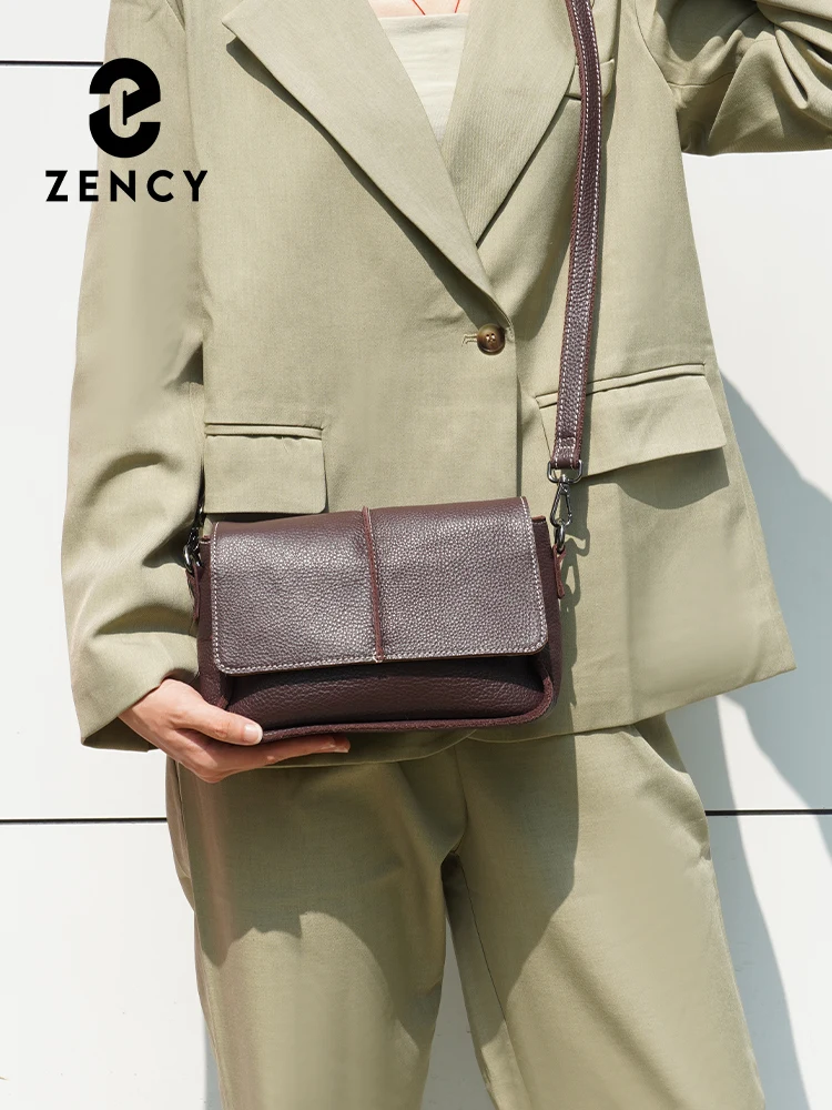 Zency First Layer Cowhide Leather Shoulder Bag Cross body Small Flap Handbag Retro Messenger Bag Simple Square Bag For Women