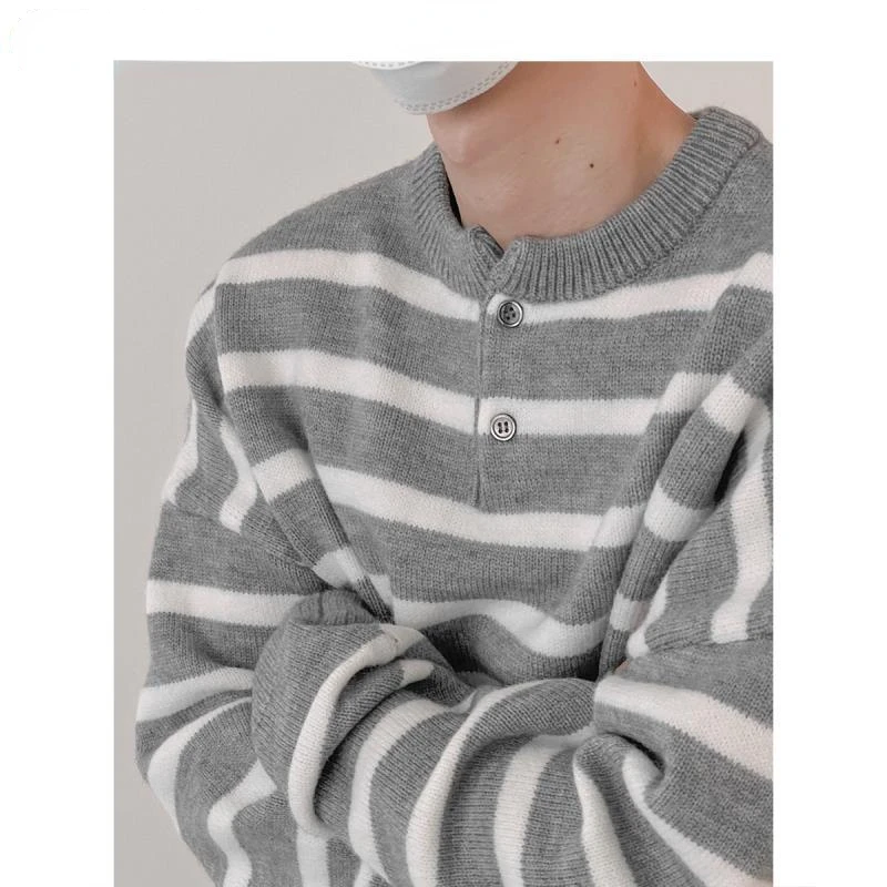 New Striped Sweater Male Button Round Neck Vintage Pullover Autumn Casual Loose Knitted Sweater Men Korean Clothes