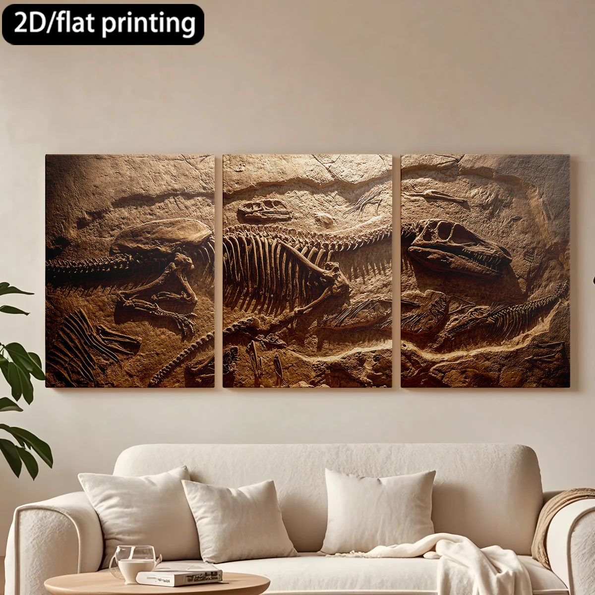 

2D flat printing 3pc wooden frame canvas decorative painting Fossilized prehistoric skeletons.Corridor bedroom decoration
