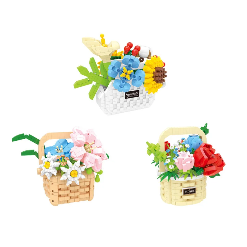 Home Furnishing Building Brick Sunflower Rose Chrysanthemum Mini Block Flower Basket Assemble Toys Construction For Girl Gift