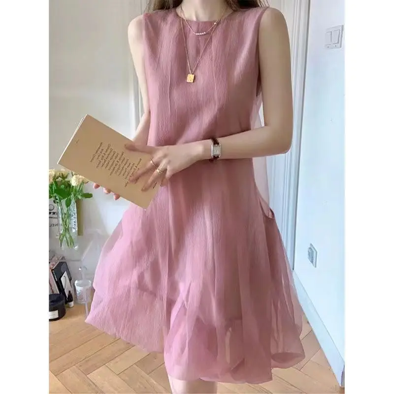 

Fashion Fairy Style Pink O Neck Sleeveless Dresses for Women 2024 Summer Loose Elegant Beach Holiday Ruffle Tank Dress Vestidos