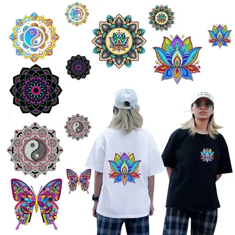 Modne damskie jogi drukuj DIY dekoracyjne topy żelazko na plastry Mandala kwiat Combo rozmiar winylu zmywalne naklejki