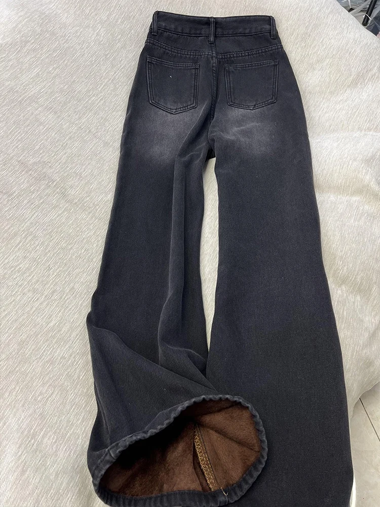 High Waist Wide Leg Fce Lined Thiened Warm Denim Jeans Women Loose Slimming Straight Cut Slim Fit Casual Trousers