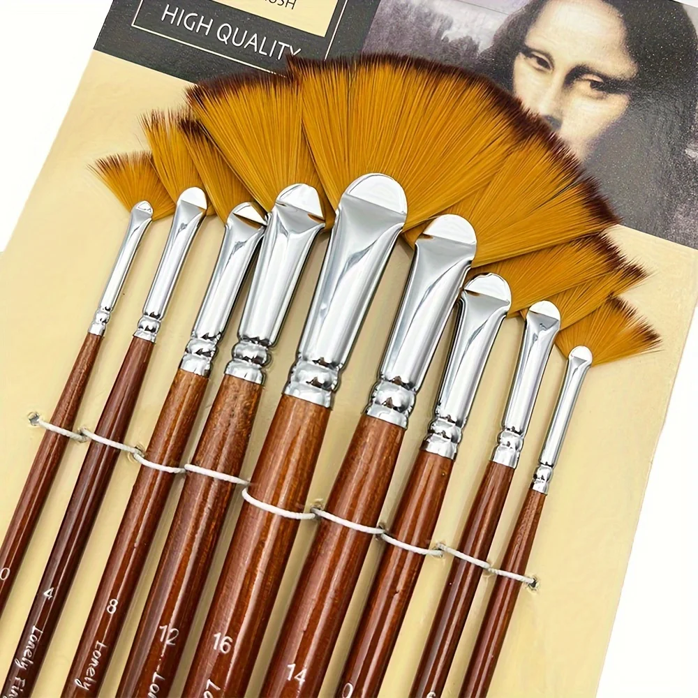 

9pcs Professional Fan Paint Brush Set - Long Wood Handle High-Quality Nylon Hair for Watercolor, Acrylic, Oil & More