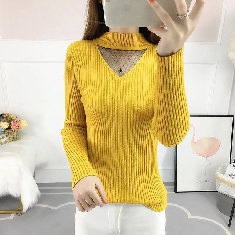 Five Colors Thick Gauze Spliced Knitting Sweaters Korean Half Height Collar Sexy Slim Hollow Out Trend Women\'s Clothing Pretty