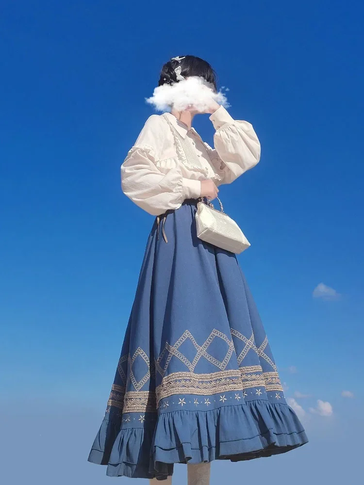 Ele Sweet Lolita Earlet Lace Trim irt Skirt Set High Waist Midi Dr Polyester Fiber Long Sve Autumn Winter Dr 2025