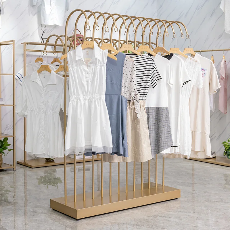 Hot-selling wrought iron clothing display rack, gold single and double rows, middle island side hanging shelves, floor