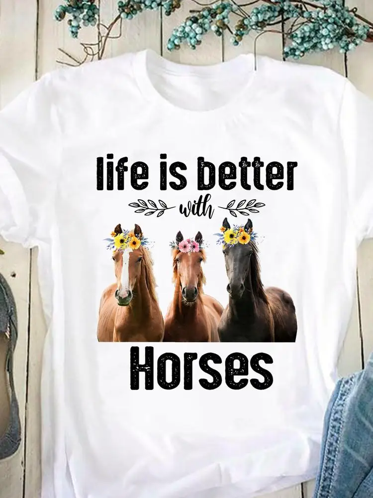 Summer Casual Clothing Graphic T Shirt Short Sleeve Horse O-neck Animal Women Print Fashion Clothes Tee T-shirt Female Top