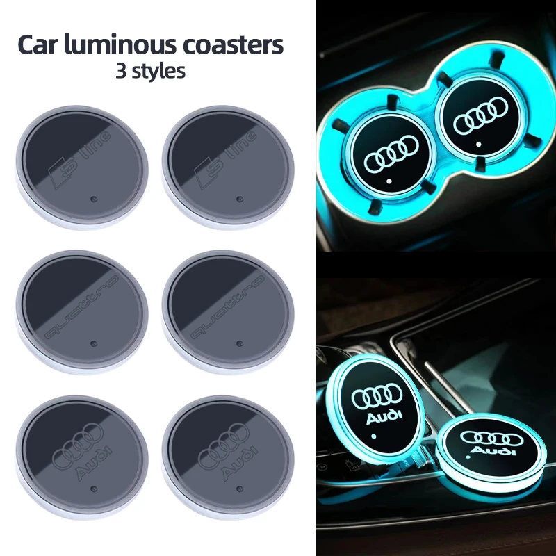 2PCS Led Car Badge Luminous Coaster Water Cup Holder Pad Emblem Accessories For Audi Sline A3 A4 B8 8P B9 B6 A5 A1 A6 Q3 Q5 Q7