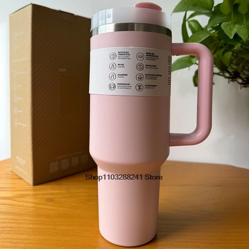 40 oz Tumblers Cup With Handle Insulated Stainless Steel Tumbler Lid Straw Car Travel Mugs Coffee Cups Pink for  s