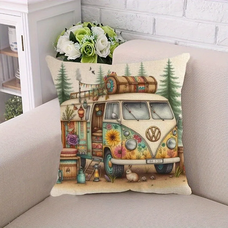 Vintage Vans With Travel And Nature Motifs Pattern Cushion Cover Suitable For Sofa Bedroom Car Pillow Cover