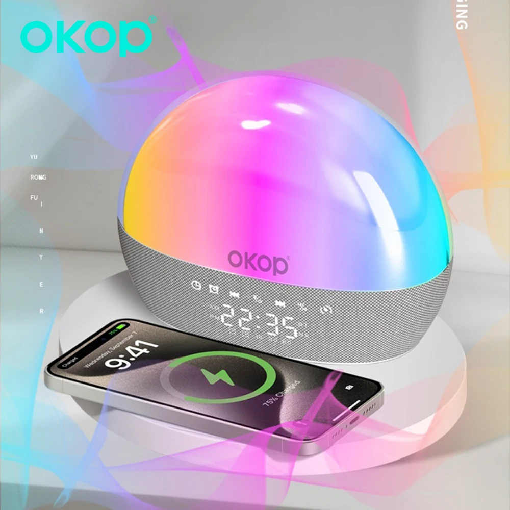 

OKOP Bluetooth Speaker,15w Wireless Charging,Desktop Alarm/clock,RGB Ambient Light,White Noise,Subwoofer Колонка 범블비헬맷 USB White