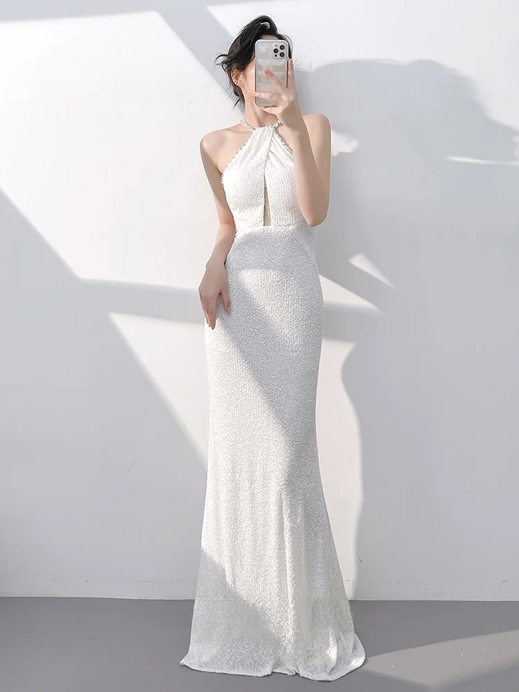 

White Evening Gown Women's 2025 New Sle Ball Ele Ne Hanging Sexy Fi Tail Dr Sequins Long Dr
