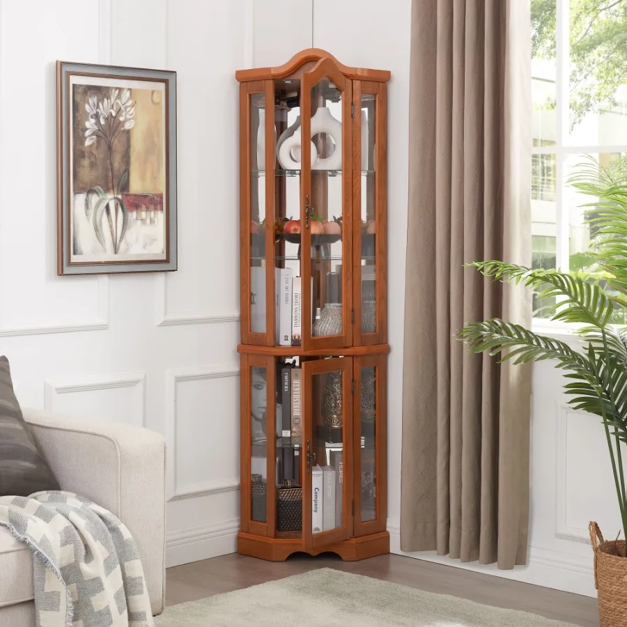 خزانة التحف المضاءة من الزجاج، خزانة التحف مع أبواب وأرفف من الزجاج المقسى، خزانة زاوية على شكل تاج مع مخزن زاوية لمبة