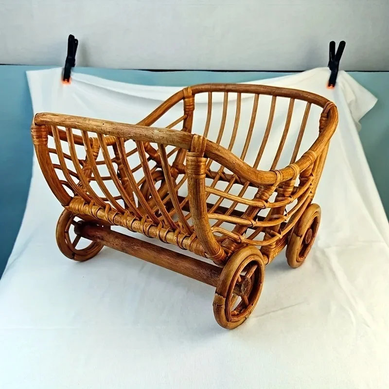 Handmade Natural Rattan Weaving Cart Prop Woven Basket Studio Newborn Shooting Accessory Pose Aid for Photography Scene Layout